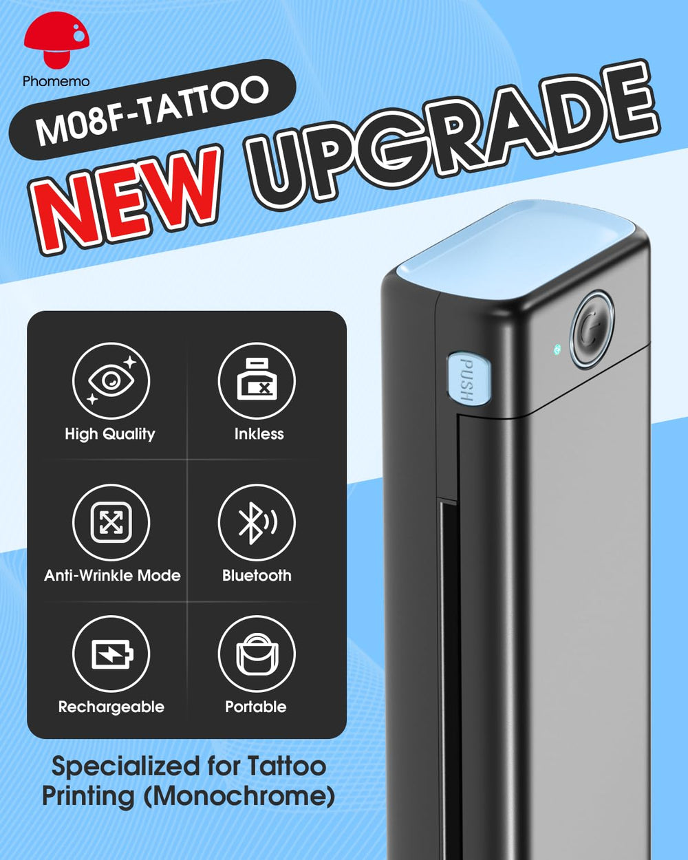 Phomemo M08F back with ports showing USB/Bluetooth connectivity