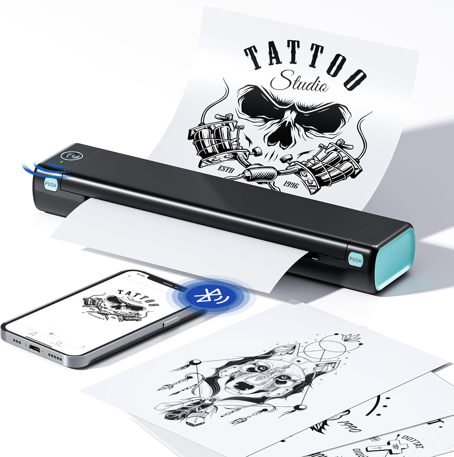 Phomemo M08F tattoo stencil printer front view shows compact portable design for on-the-go artists.