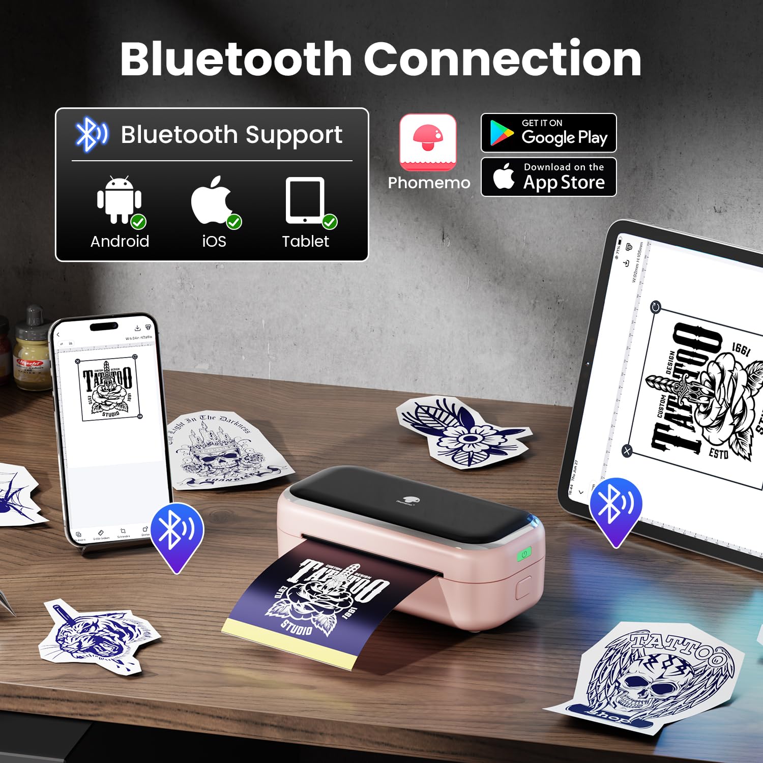 Phomemo TP31 Bluetooth connectivity shows Android and iOS compatibility for easy printing.