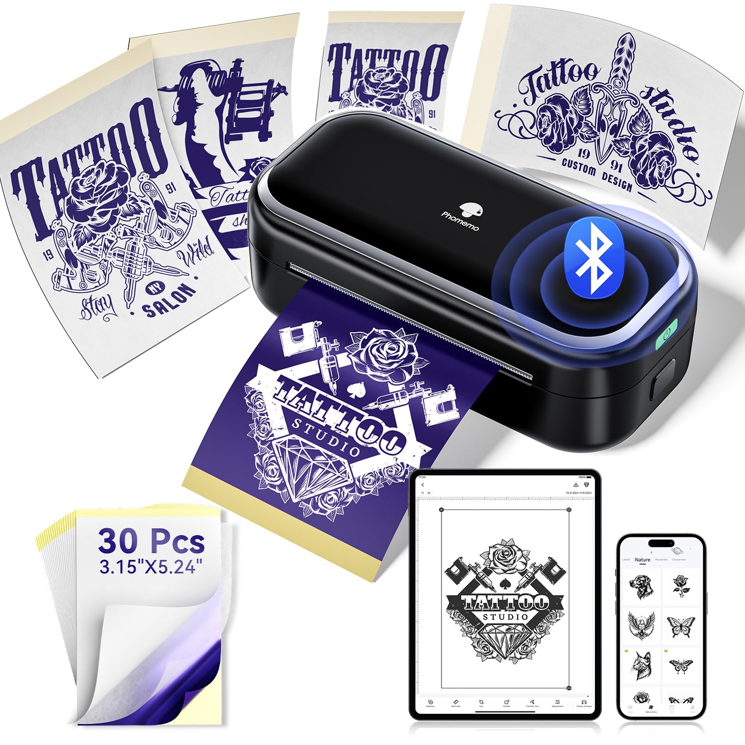 Phomemo TP31 printer front view shows compact portability for on-the-go stencil work.