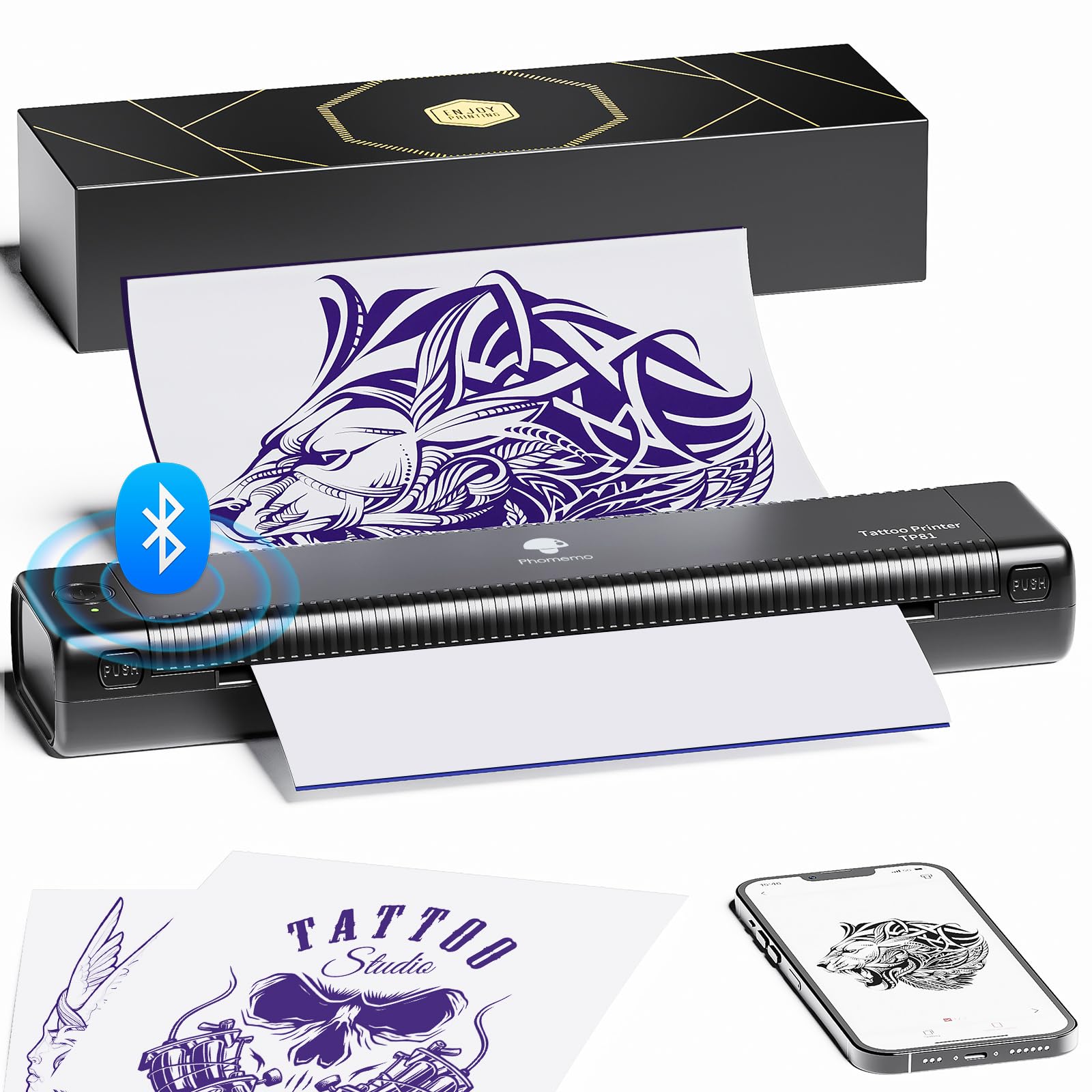 Phomemo TP81 front view tattoo stencil printer, compact studio-ready design.