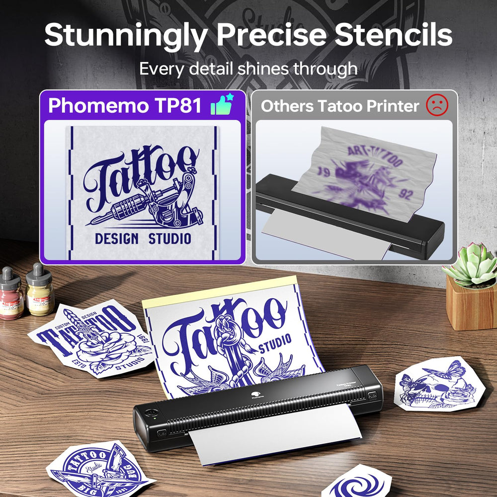 Phomemo TP81 portable design for on-the-go tattoo stencil work.