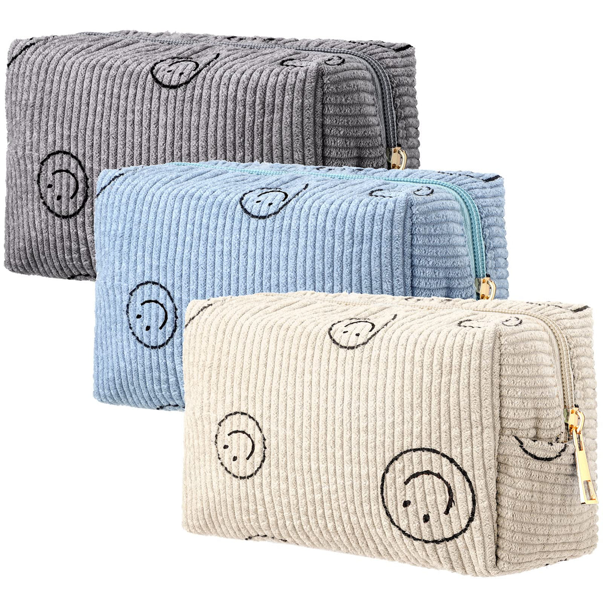 Photect corduroy cosmetic bag with smile face pattern, ideal for travel organization.