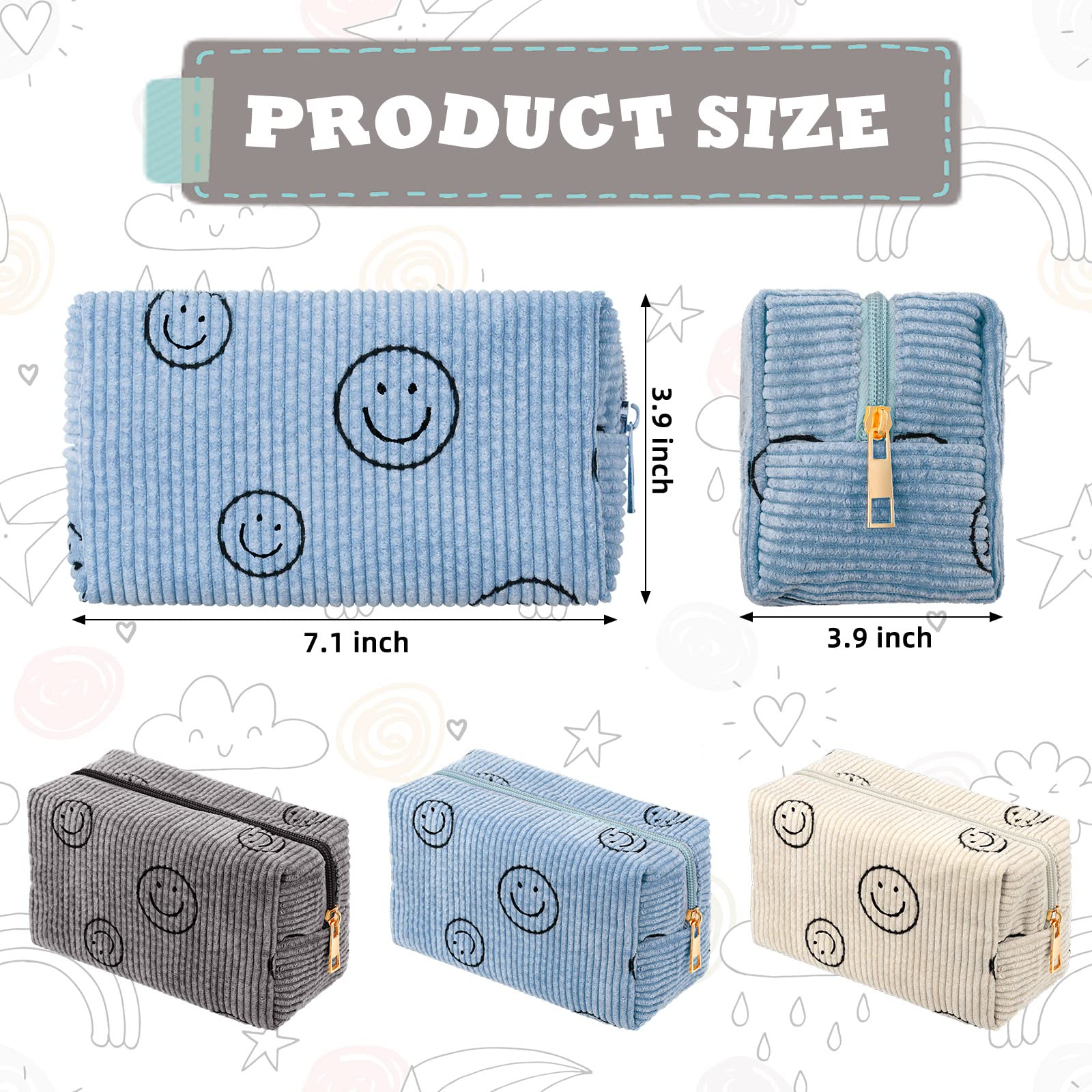 Photect three-piece corduroy pouch set in beige, gray, and blue.