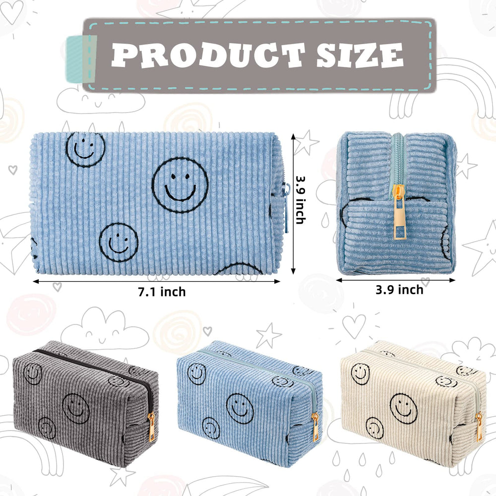 Photect three-piece corduroy pouch set in beige, gray, and blue.