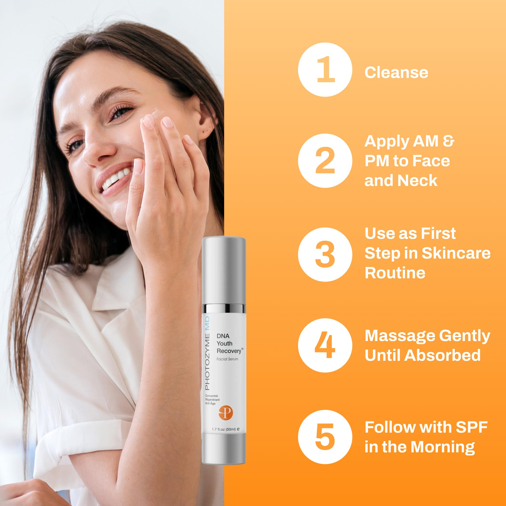 Photozyme DNA Youth Recovery Serum application steps displayed in shot