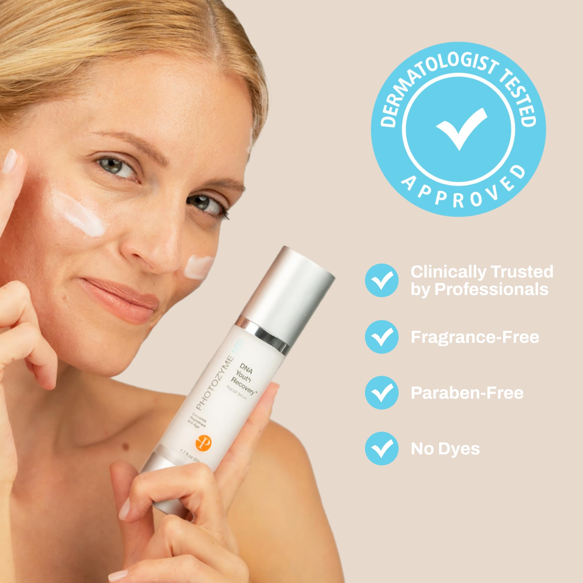 Photozyme DNA Youth Recovery Serum model portrait holding bottle