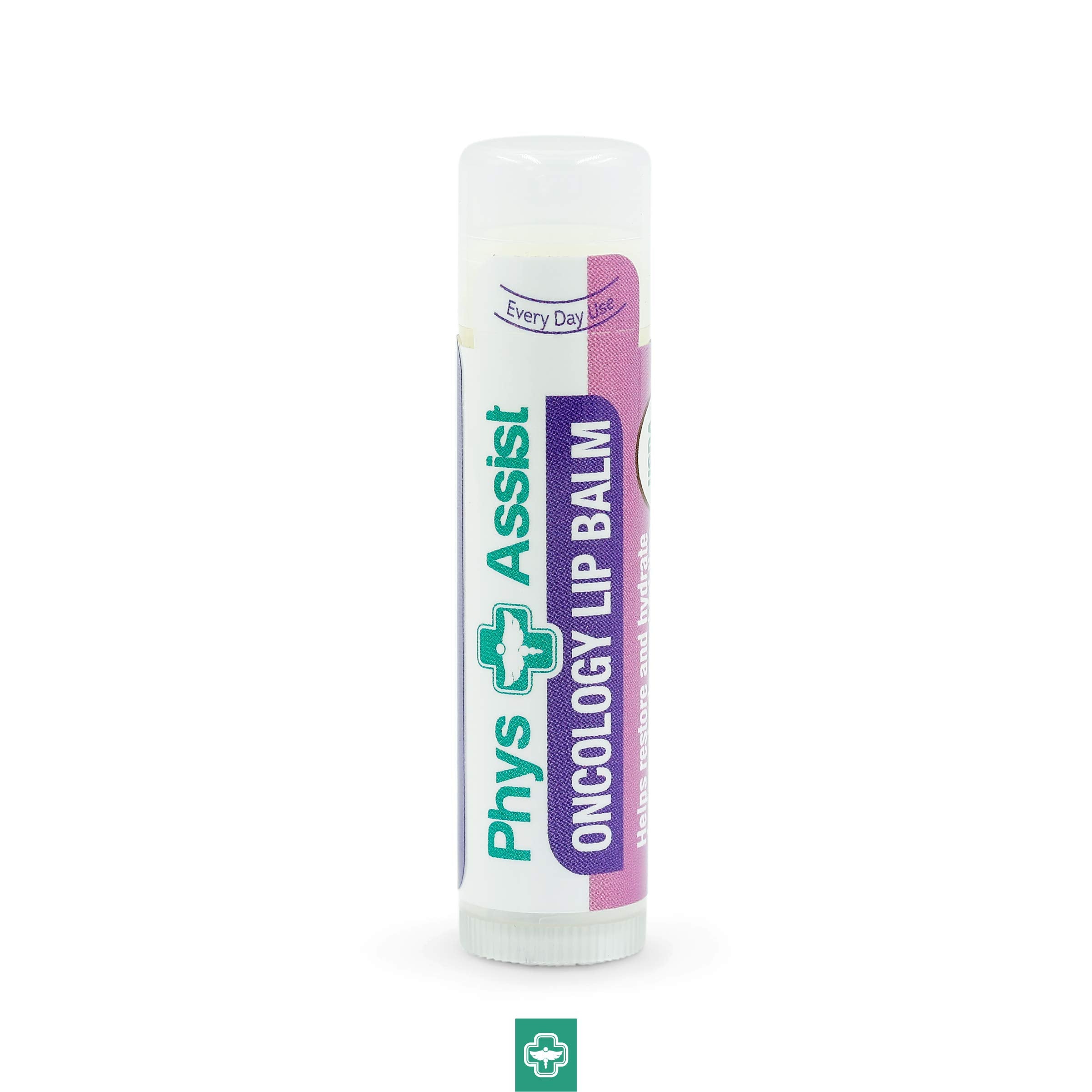 PhysAssist lip balm tube close-up highlights natural organic ingredients