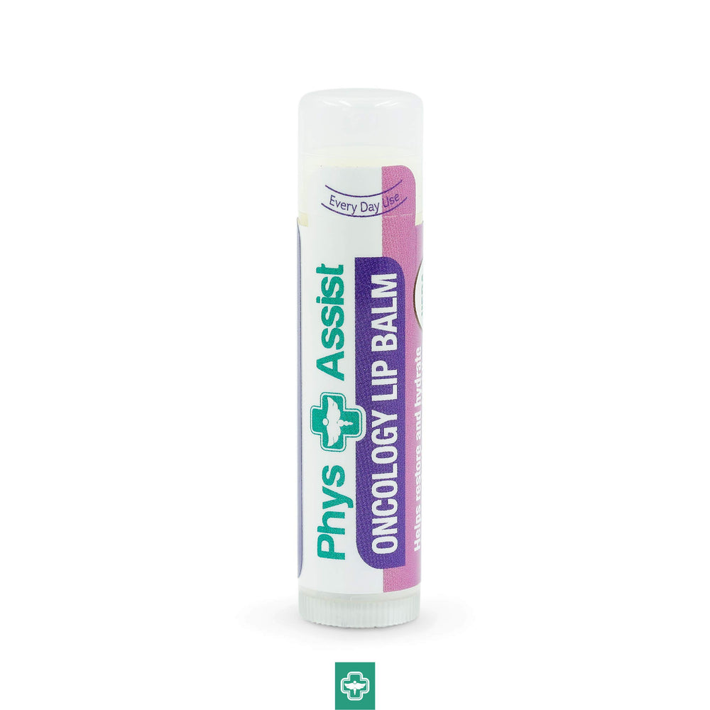 PhysAssist lip balm tube close-up highlights natural organic ingredients
