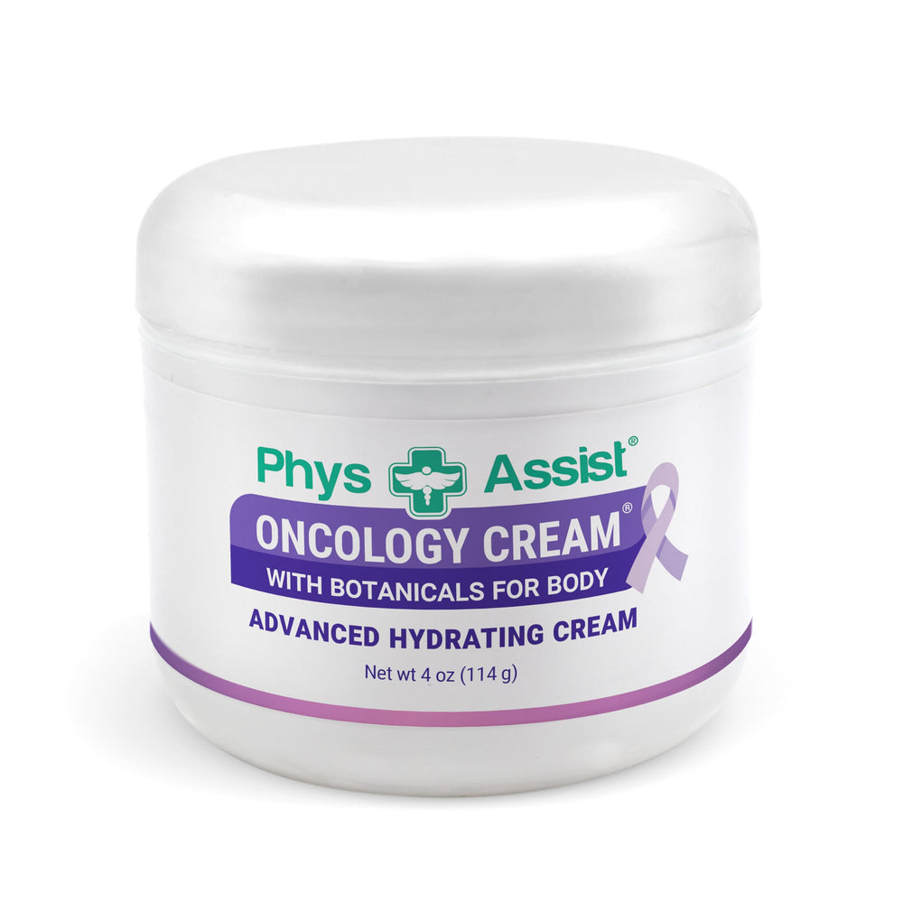 PhysAssist Oncology Cream bottle demonstrates lightweight, non-greasy hydration for dry, stressed skin.