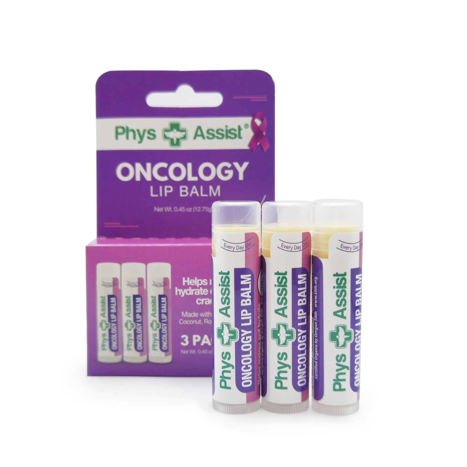 PhysAssist Oncology Lip Balm 3-pack packaging shows USDA Organic hydration