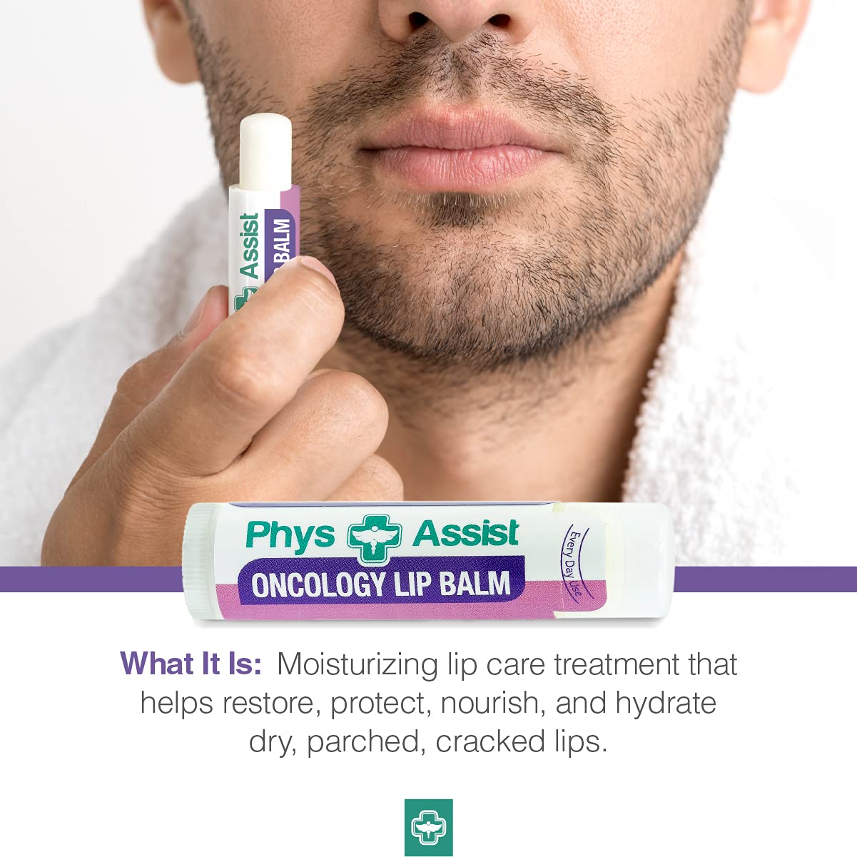 Organic beeswax and coconut nourish lips in PhysAssist balm