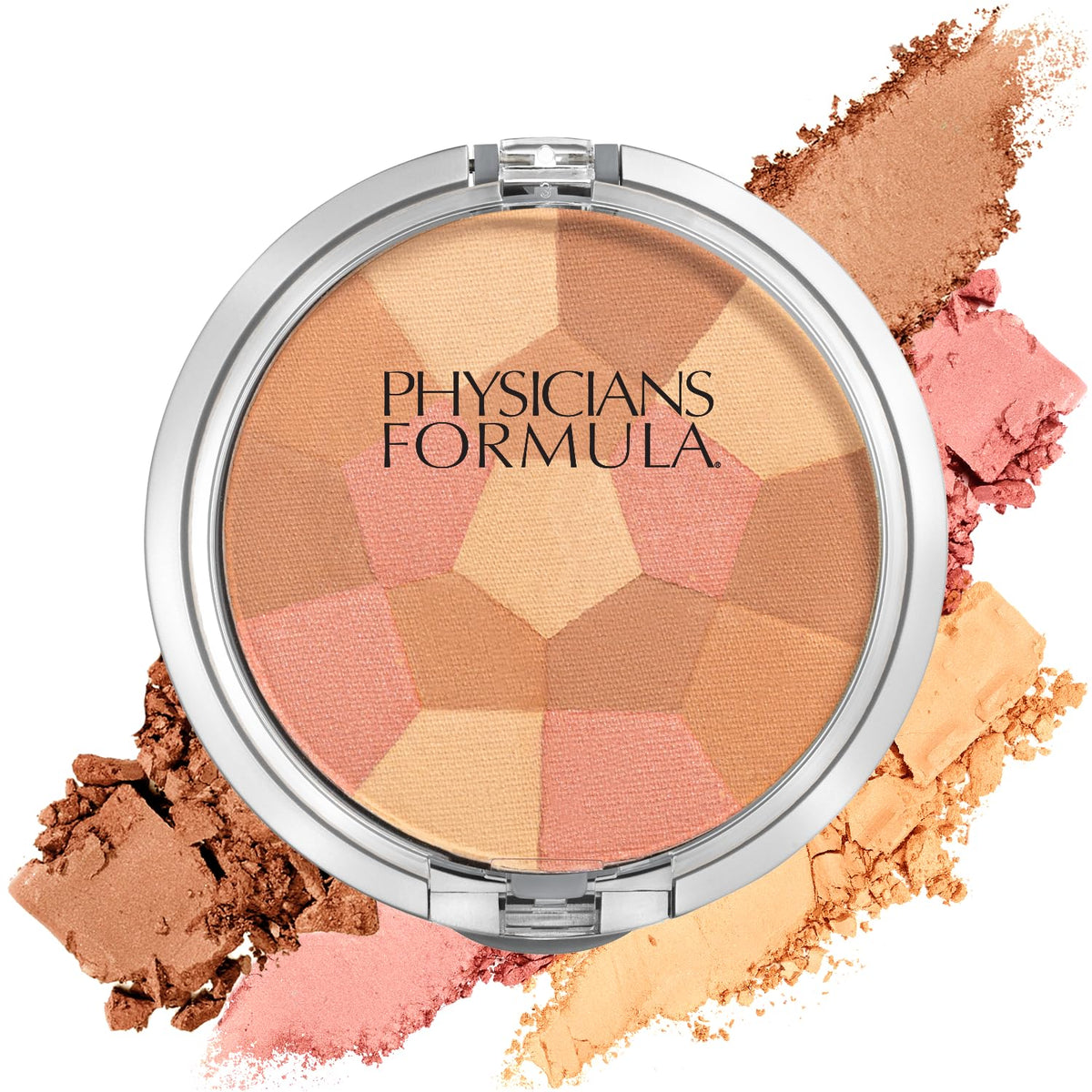 Physicians Formula Blushing Peach palette closeup highlighting the mosaic for natural cheek glow.
