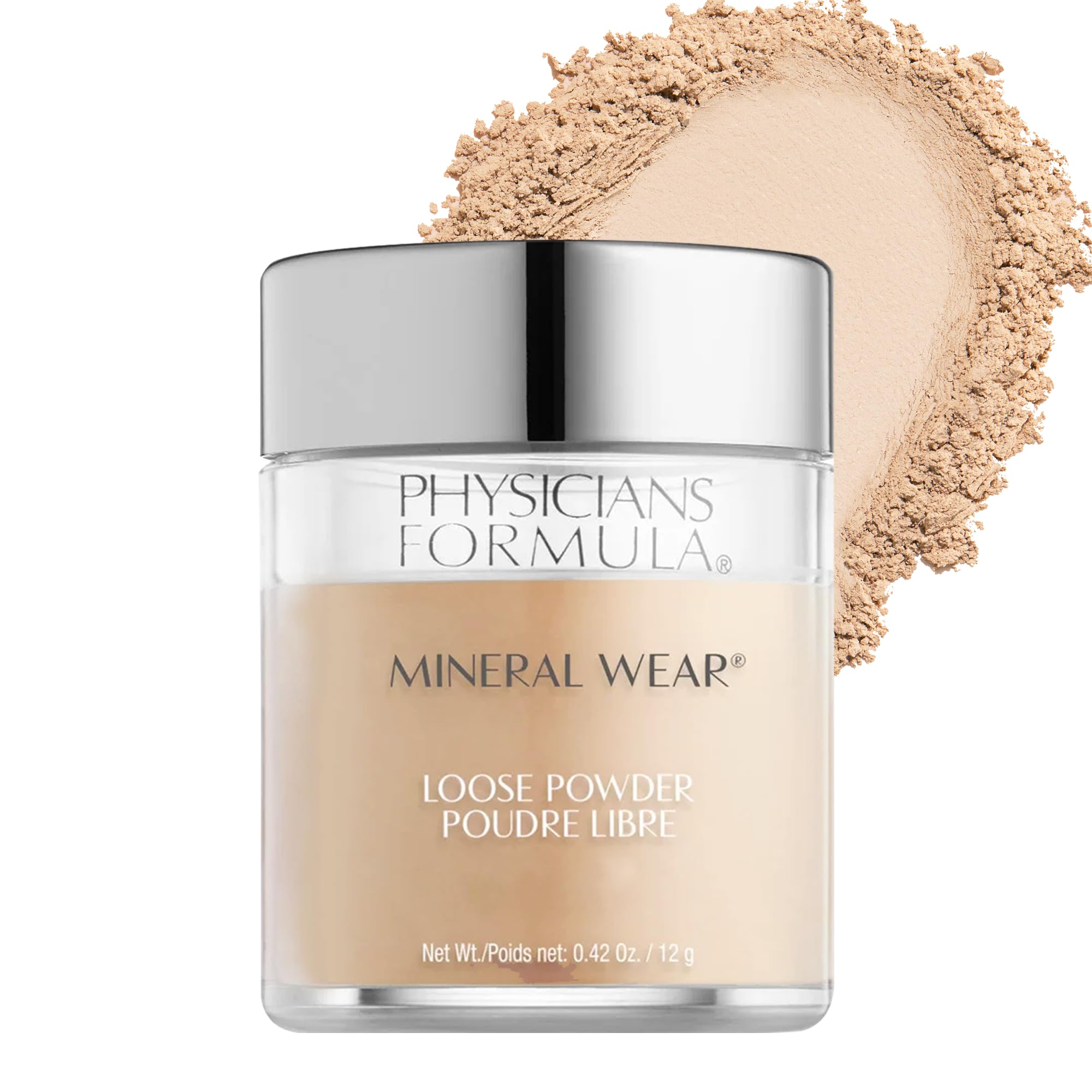 Physicians Formula Mineral Wear Loose Powder translucent light jar showing lightweight, buildable coverage