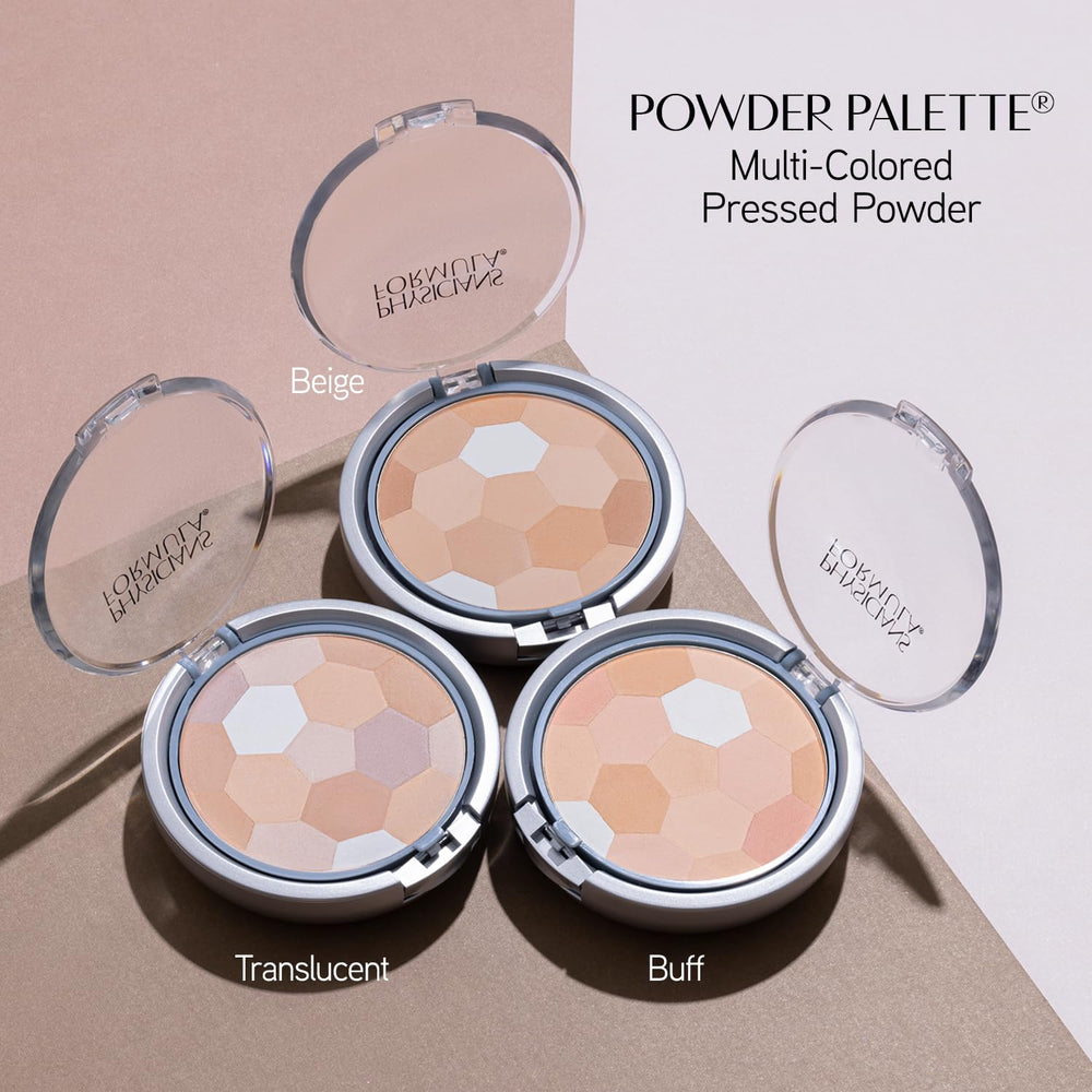 Physicians Formula powder colors close-up highlighting hypoallergenic, balanced tone options.