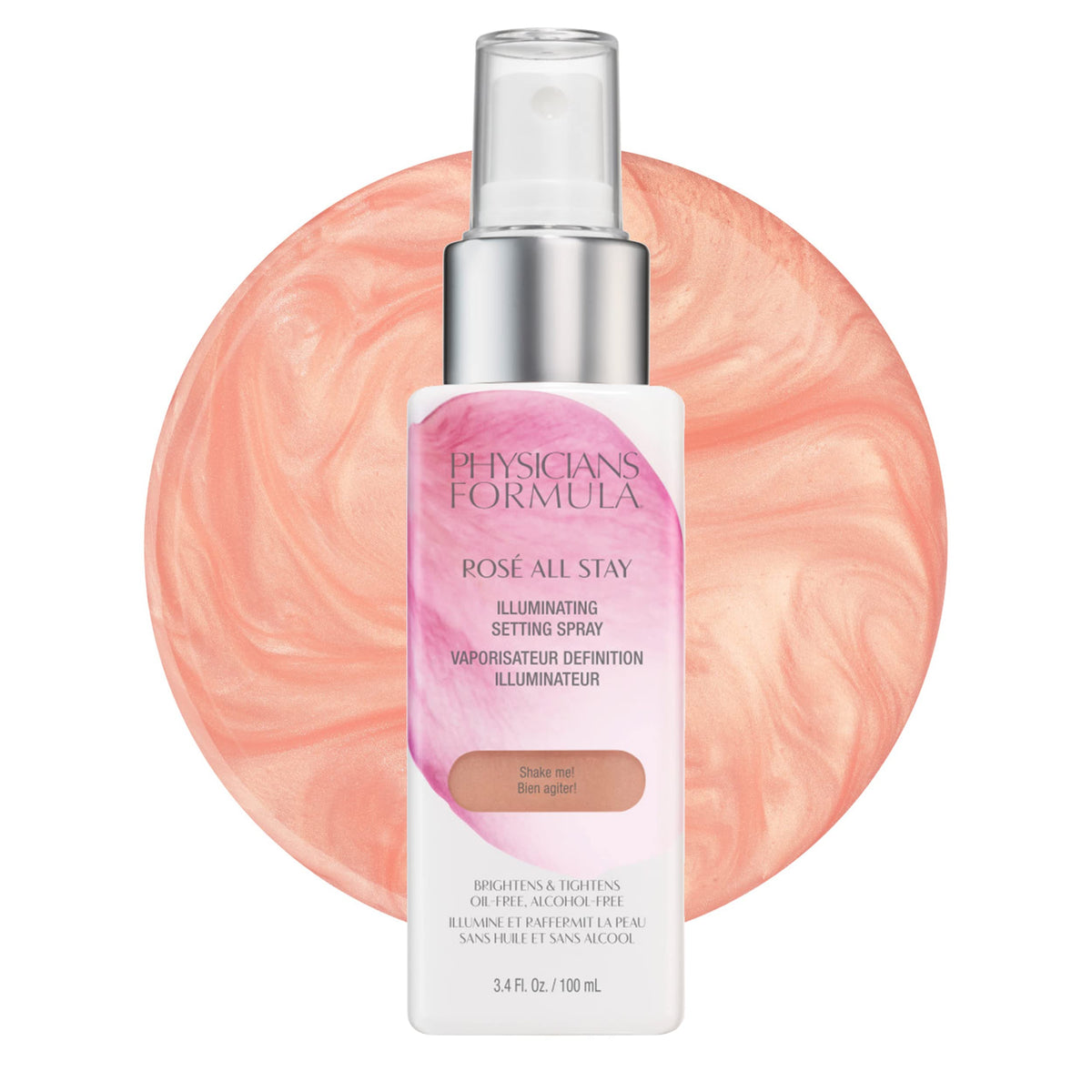 Physicians Formula Rosé All Stay setting spray bottle for a luminous, long-lasting finish.