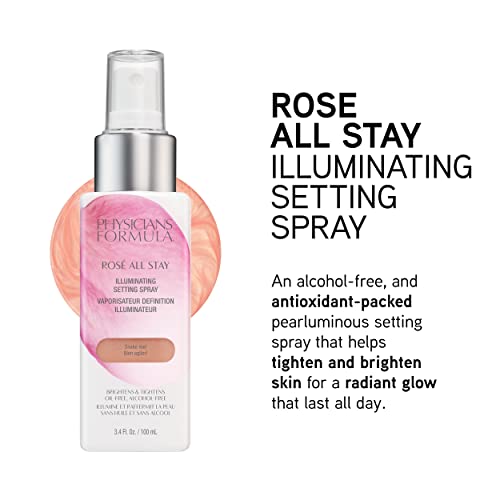 Physicians Formula rose-water hydration mist shown as a refreshing spray.