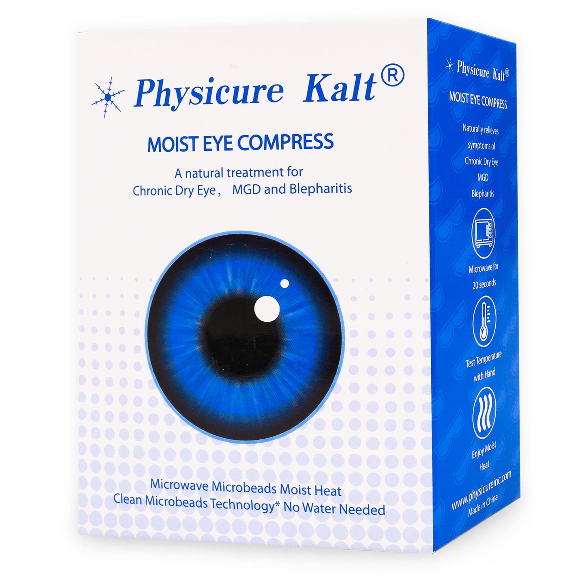 Physicure Kalt dry-eye therapy use illustrates hydrating moist heat relief at home.