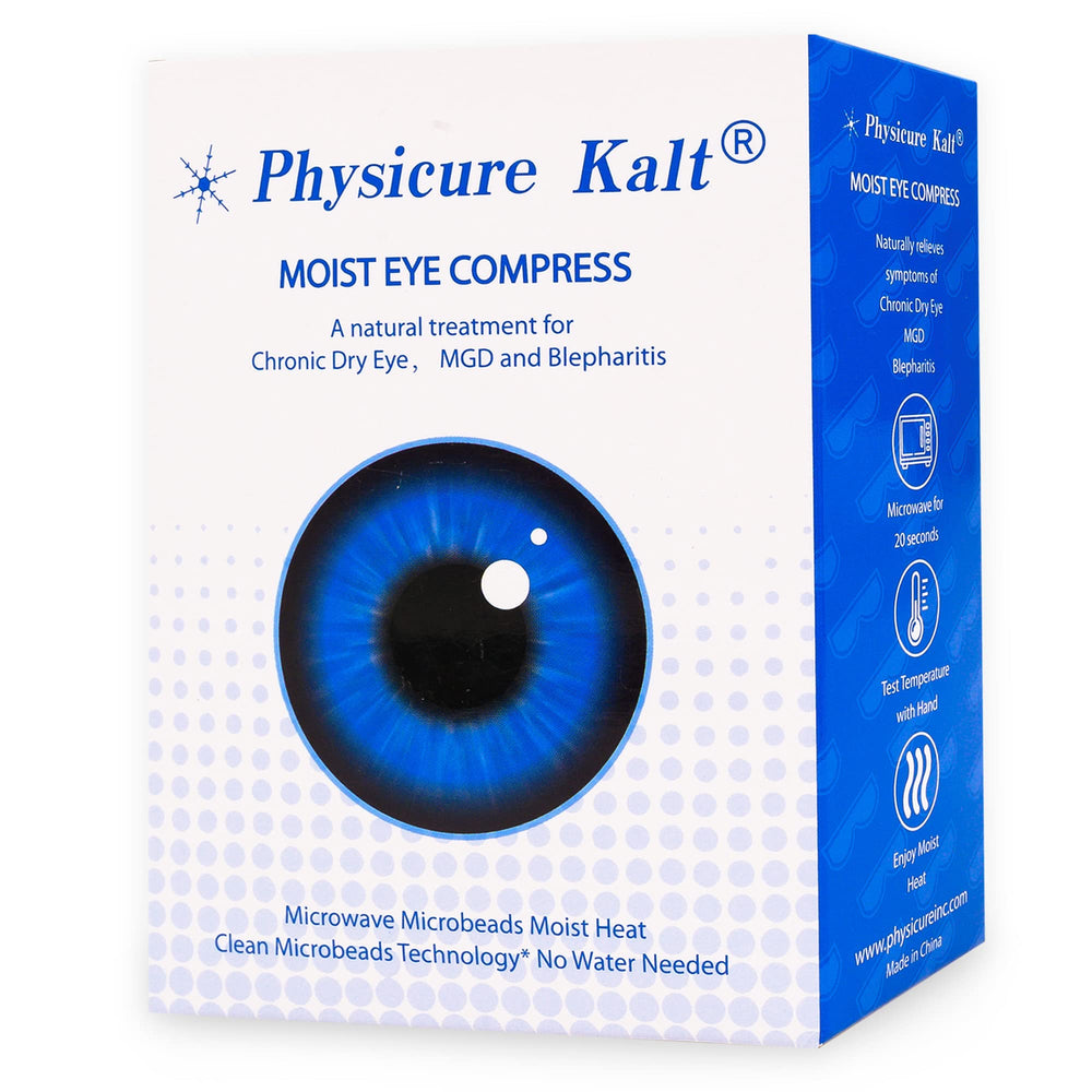 Physicure Kalt dry-eye therapy use illustrates hydrating moist heat relief at home.