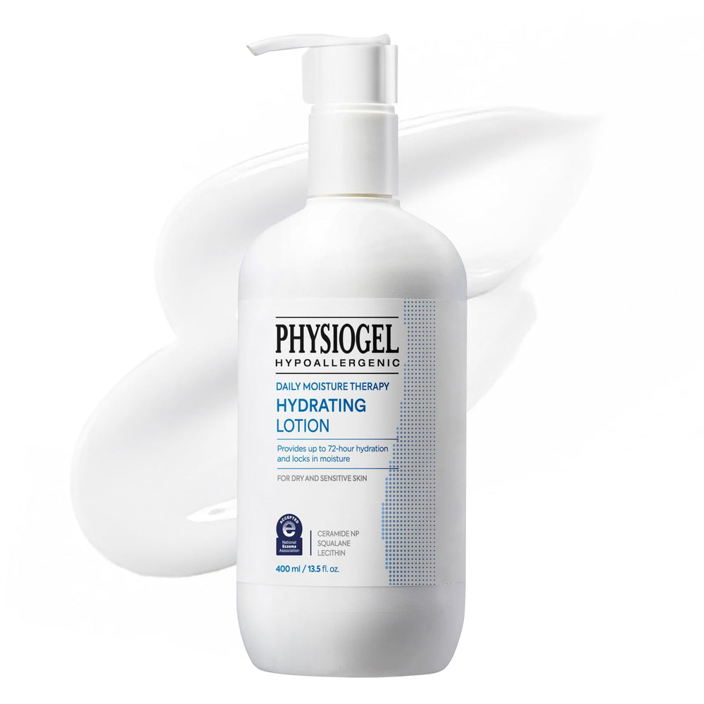 Physiogel DMT lotion pump bottle for 72-hour hydration and skin comfort.
