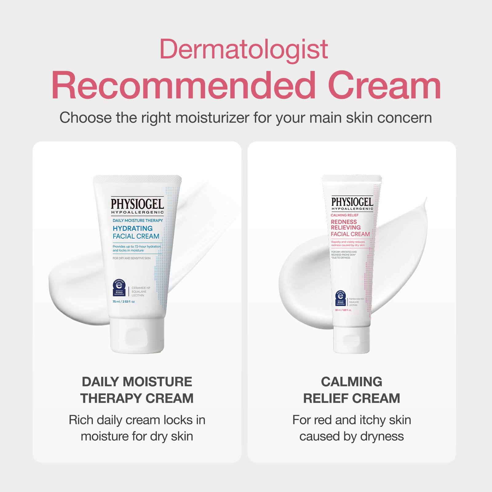 Physiogel redness-reducing-cream dermatologist-tested badge conveys trusted skincare heritage