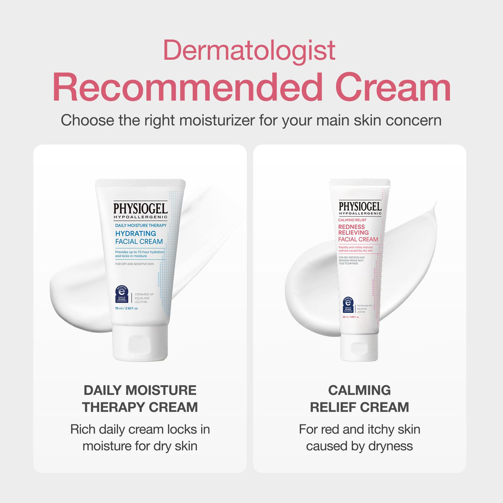 Physiogel redness-reducing-cream dermatologist-tested badge conveys trusted skincare heritage