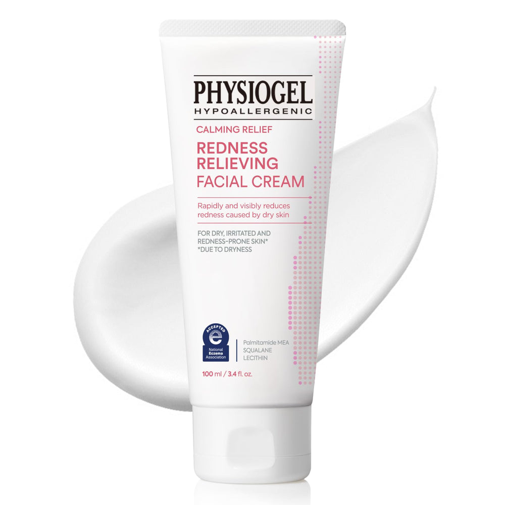 Physiogel redness-reducing-cream label closeup showing fragrance-free formula for sensitive skin