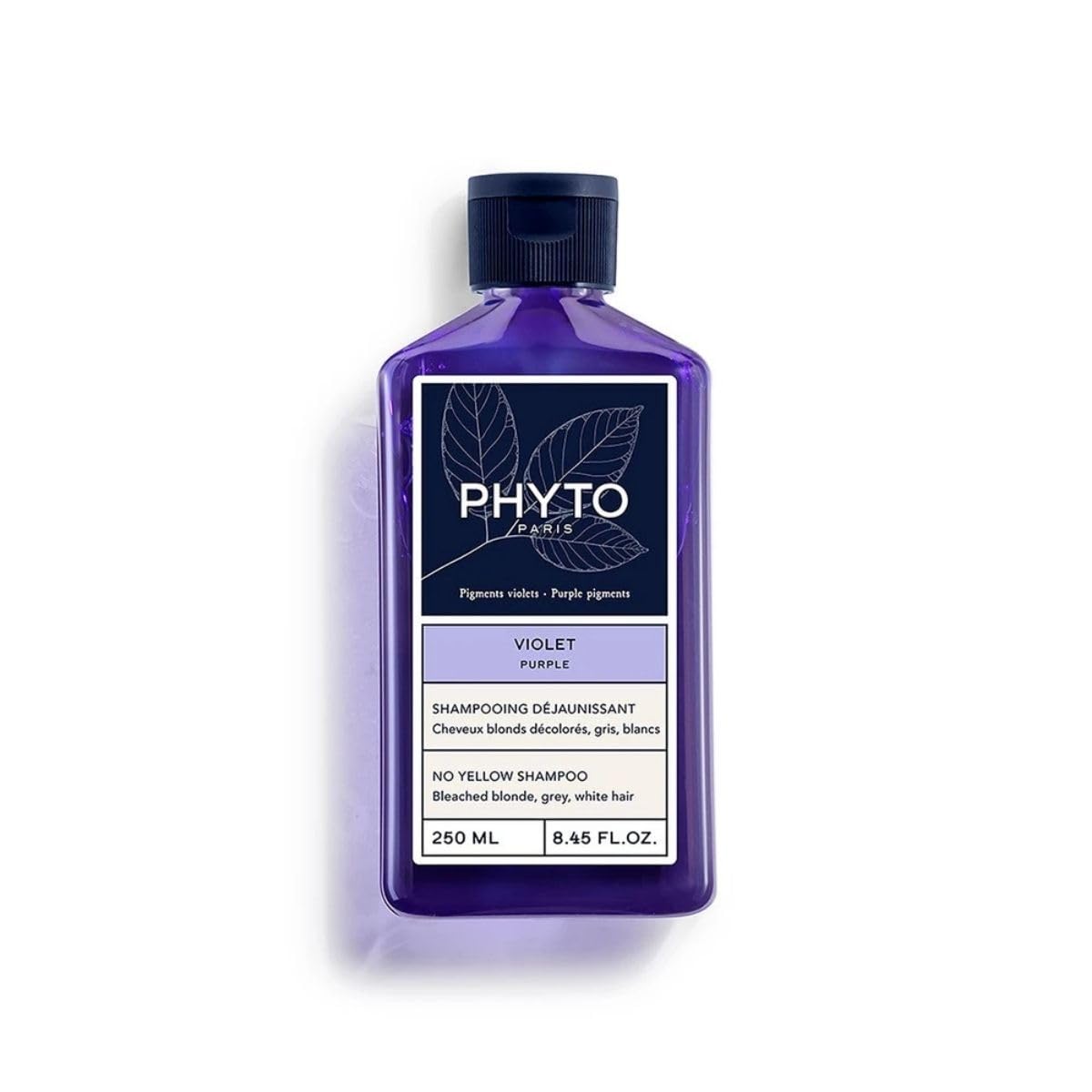 PHYTO Purple No Yellow Shampoo bottle closeup highlighting sulfate-free formula for gray and white hair.