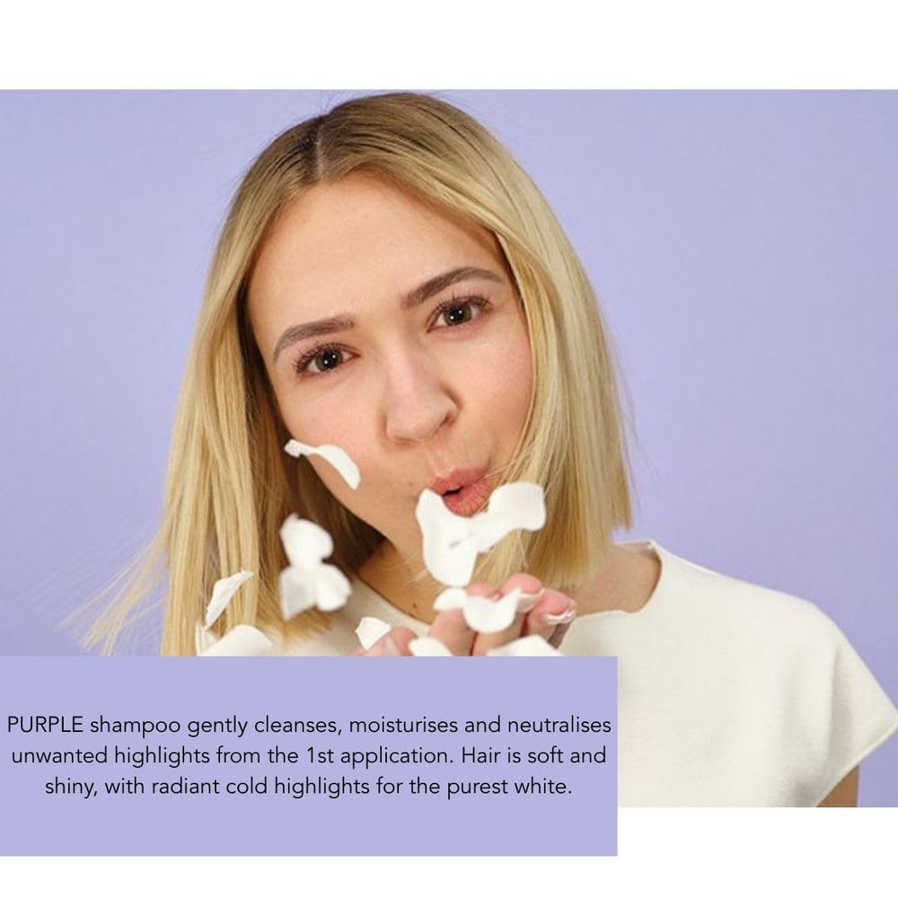PHYTO Purple No Yellow Shampoo pouring to show gentle cleansing for cool-toned highlights.