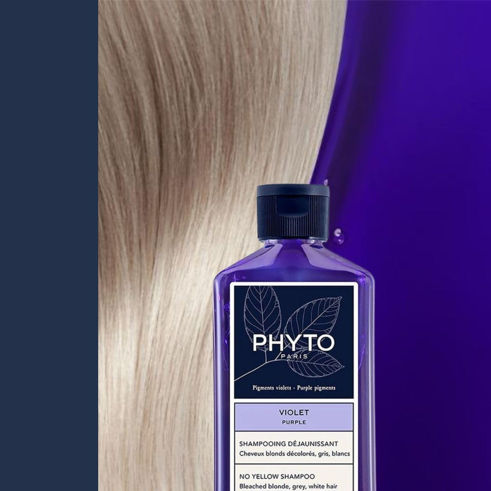PHYTO Purple No Yellow Shampoo white mallow boosts shine for softer, more luminous strands.