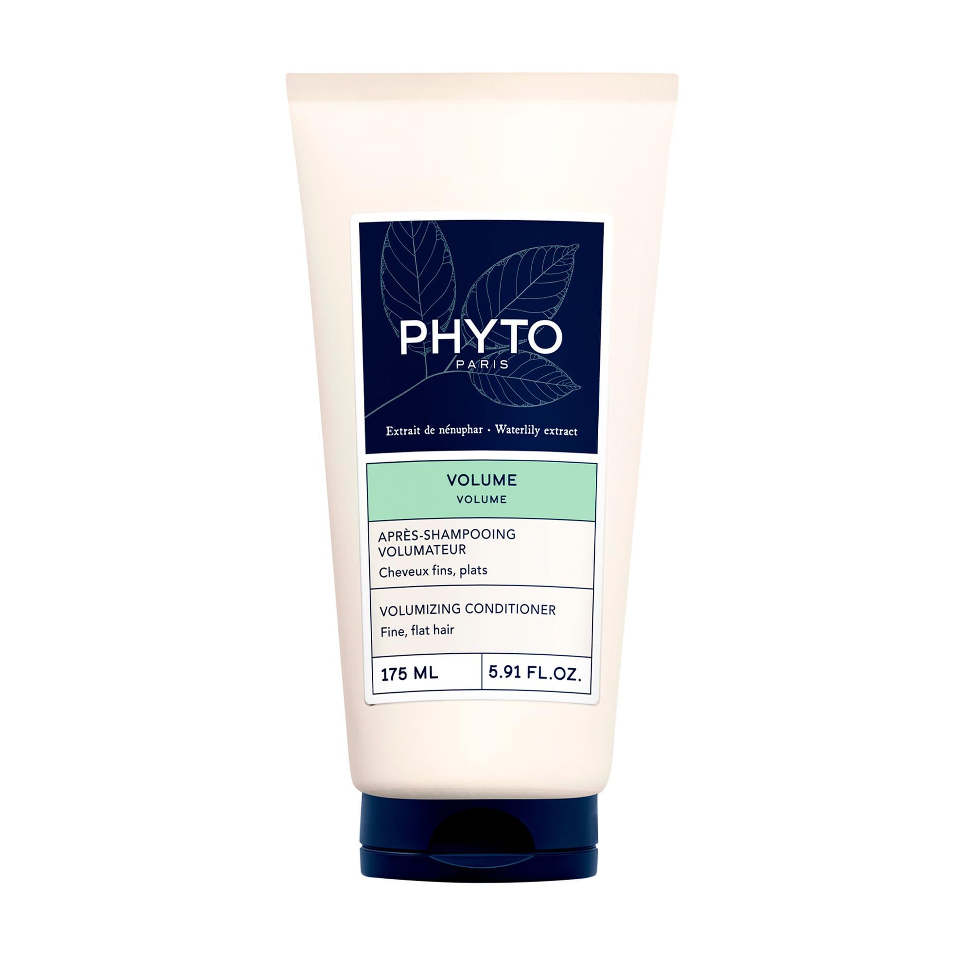 PHYTO Volume Conditioner bottle closeup highlighting lightweight, silicone-free formula for added volume.