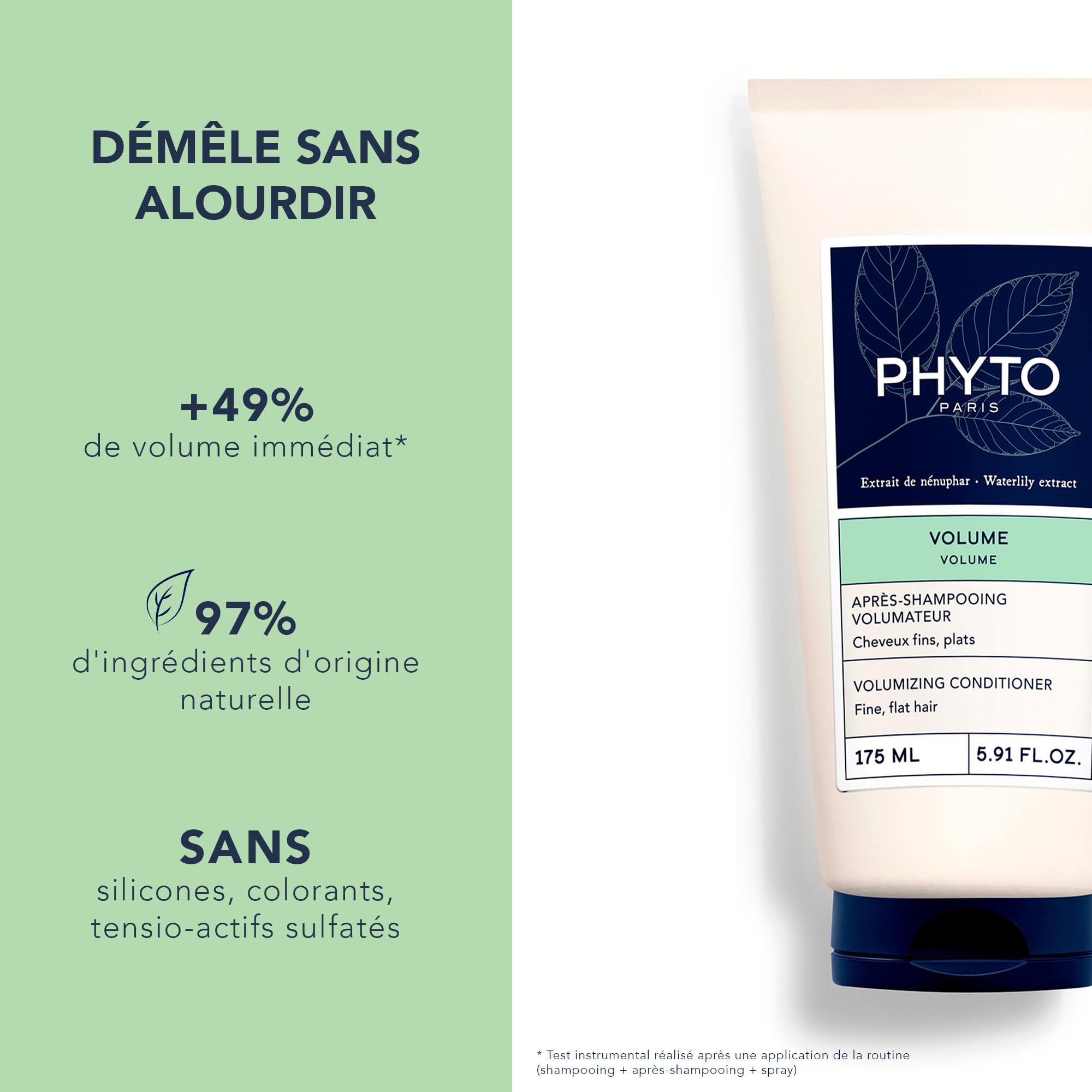 PHYTO Volume Conditioner texture showing detangling and conditioning for fine hair.