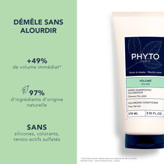PHYTO Volume Conditioner texture showing detangling and conditioning for fine hair.