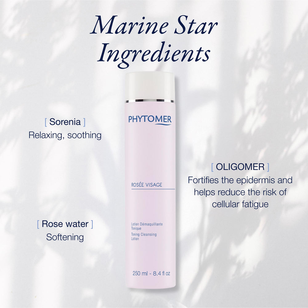 Phytomer Rosee Visage toning lotion applied on face and neck for balanced skin.