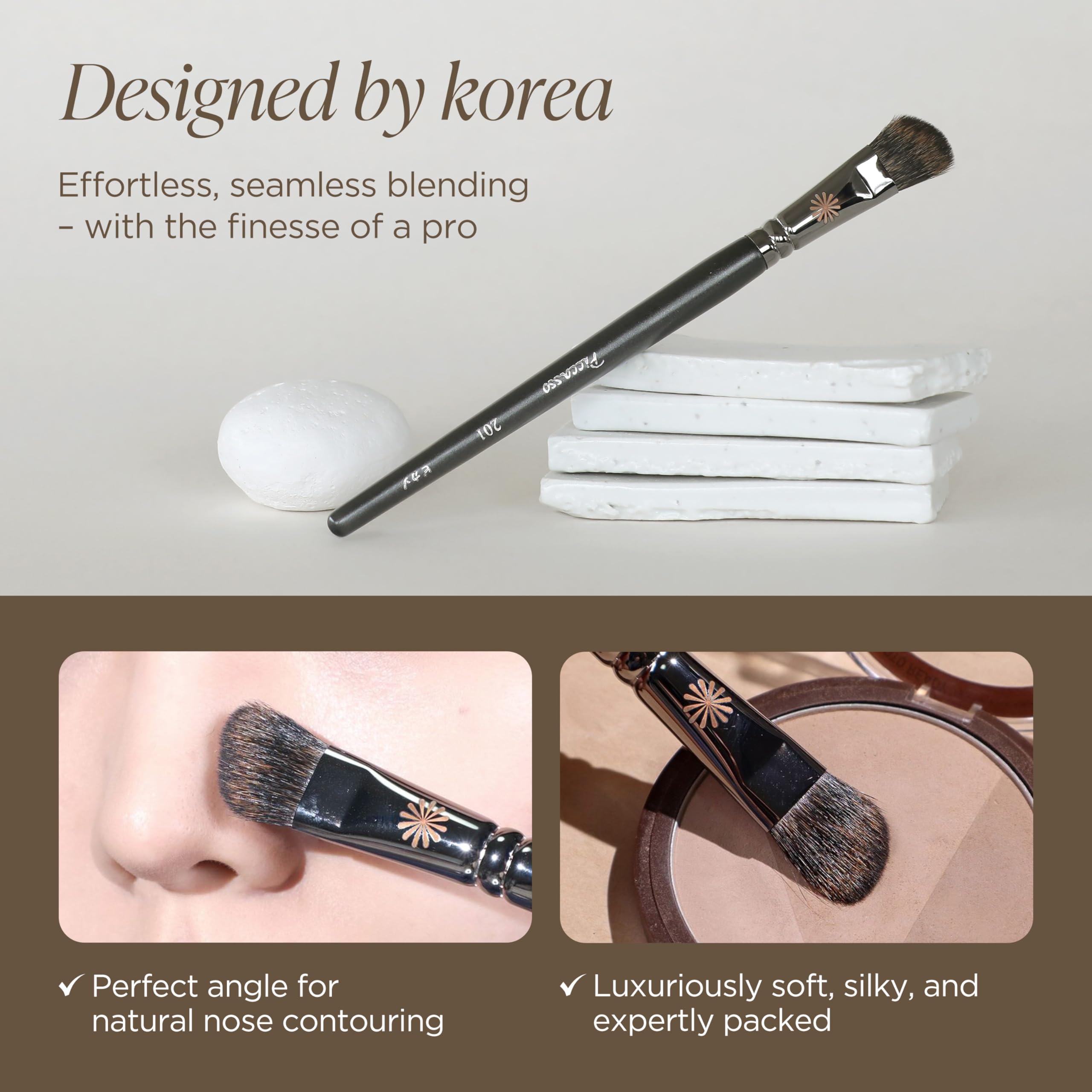 Piccasso 201 nose shading brush evenly sets powder for natural matte finish.