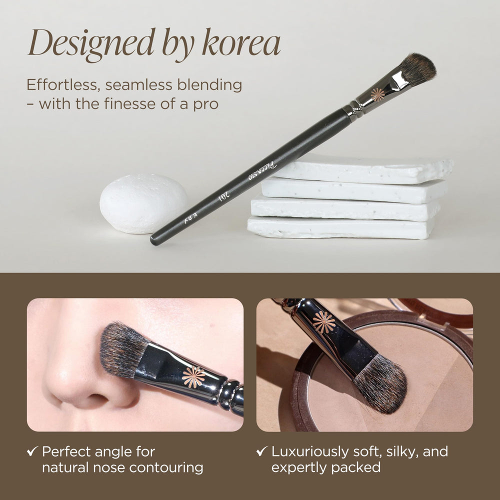 Piccasso 201 nose shading brush evenly sets powder for natural matte finish.