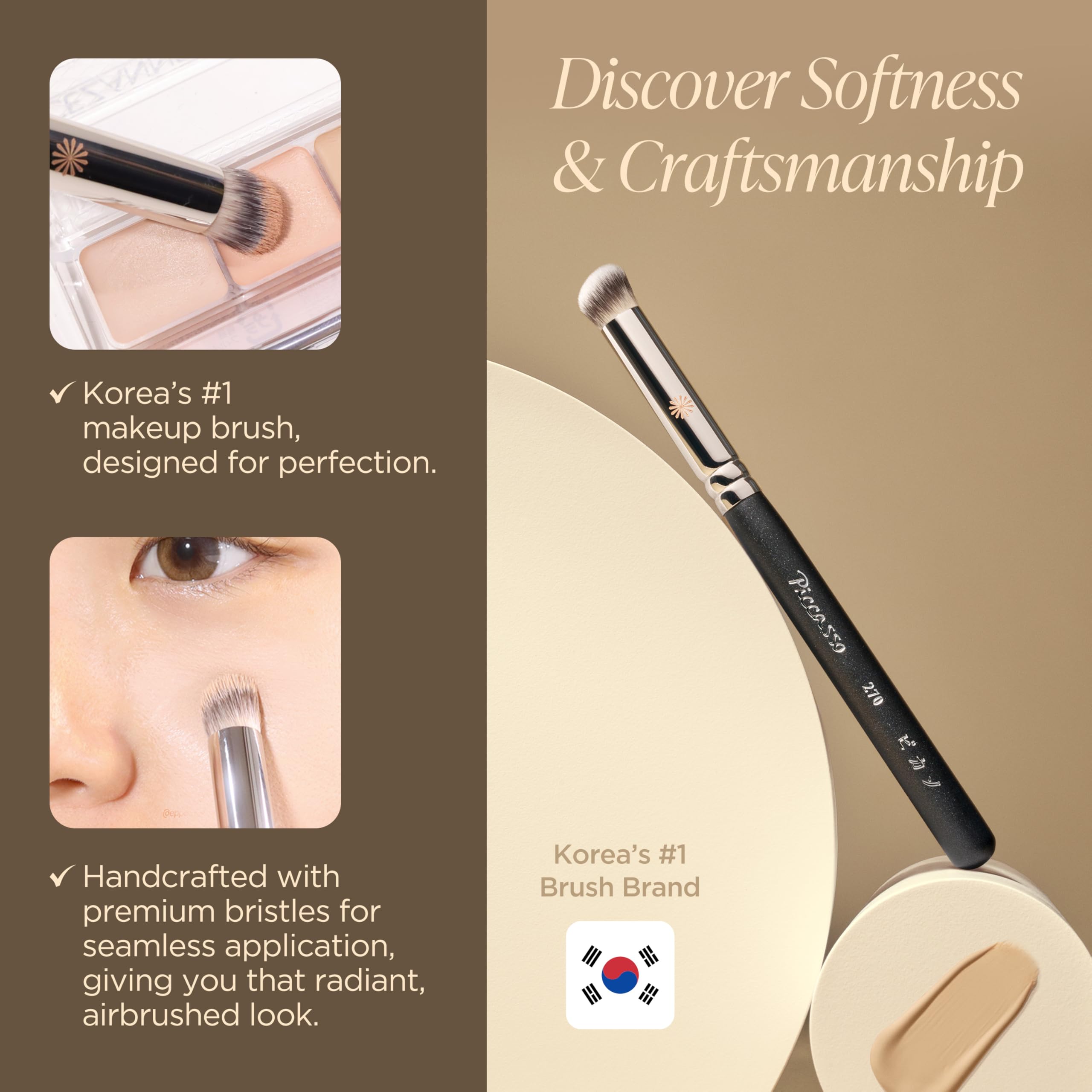 Piccasso 270 large angled brush under eye application highlights contoured, pore-minimizing results.