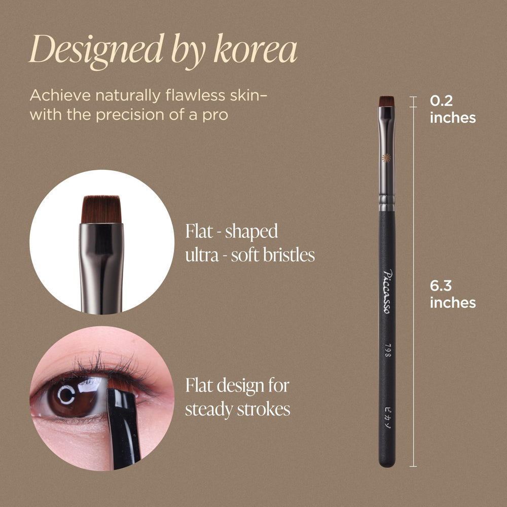 Piccasso 798 brush with soft bristles delivers gentle application around eyes and inner corners.