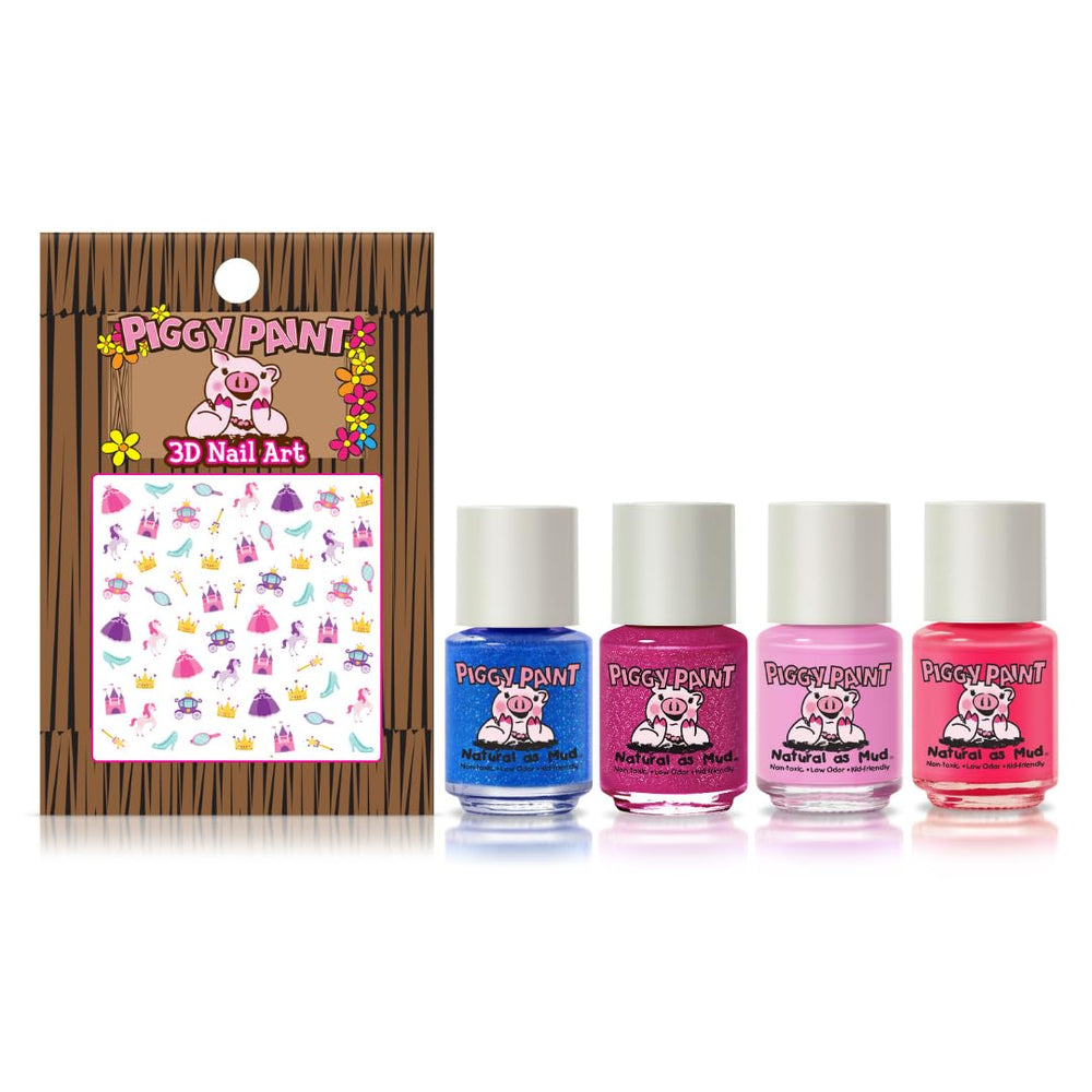 Four Piggy Paint polishes and 3-D nail art, ready for playful manicures.