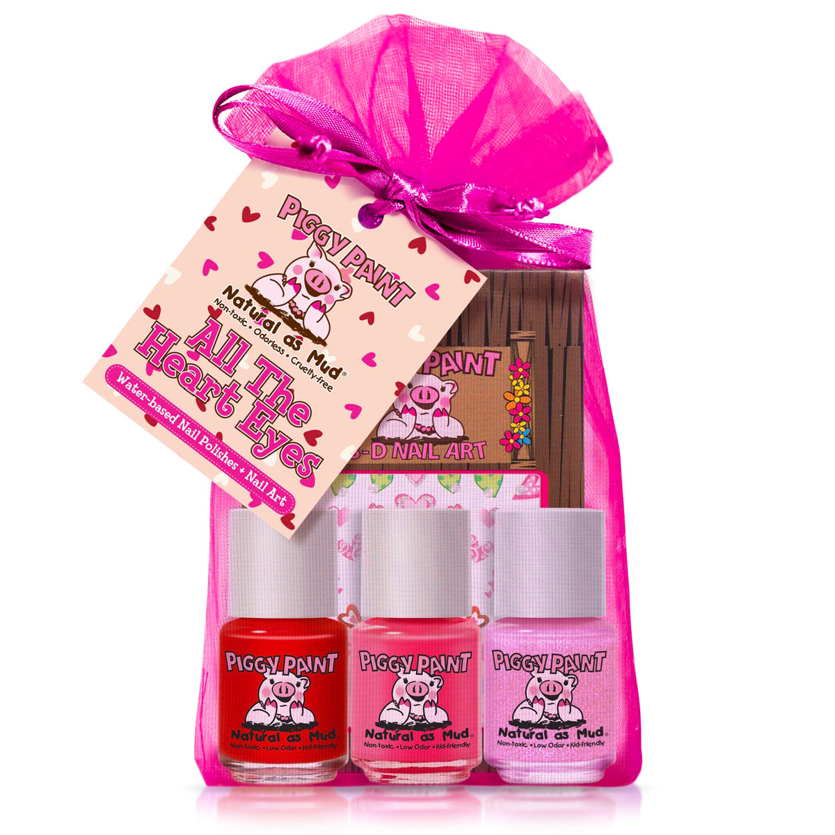 Piggy Paint heart-eyes gift set with 3 polishes and nail art, kid-friendly color fun.