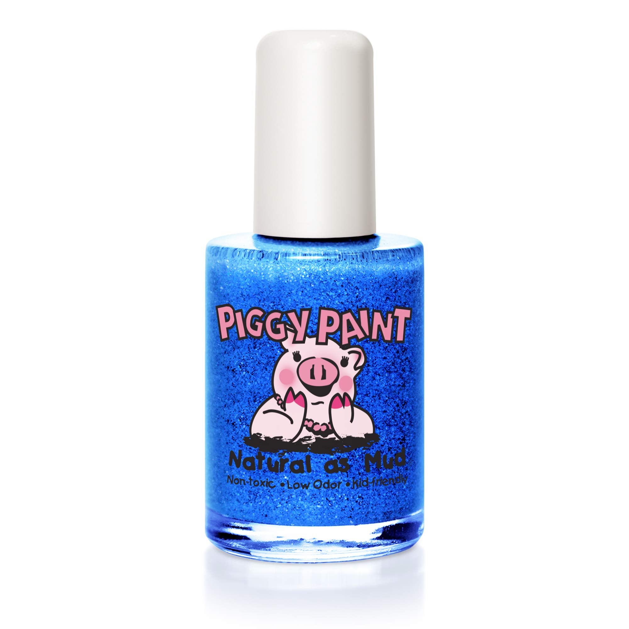 Piggy Paint Mermaid in the Shade bottle front shows vibrant royal blue glitter for kid-friendly sparkle.