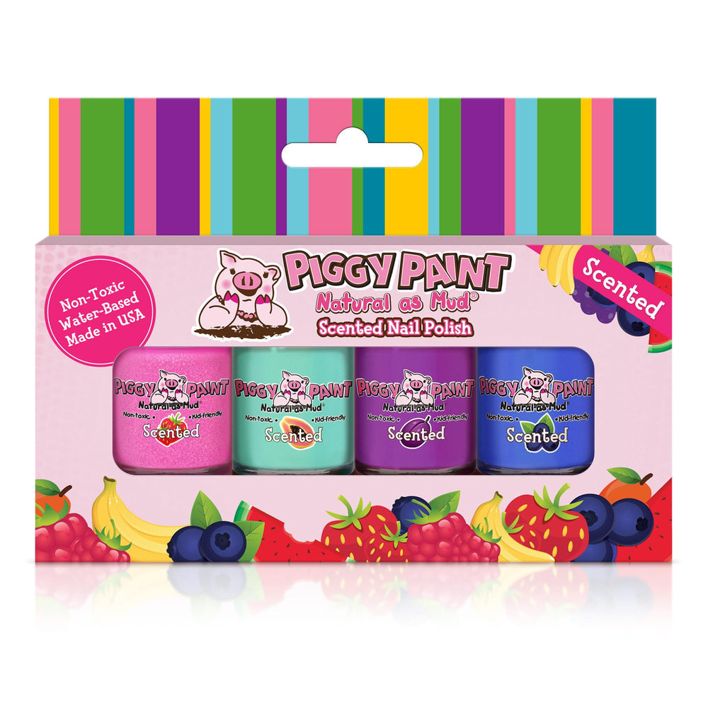 Piggy Paint Scented Fruit Fairy 4-pack kit shown in packaging, kid-friendly polish option.
