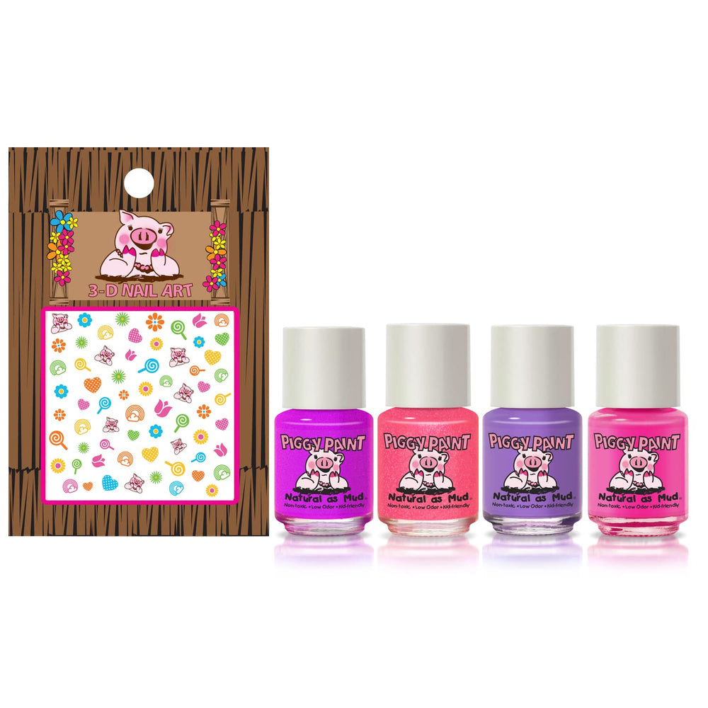 Piggy Paint Swirls & Twirls four-polish closeup with vibrant kid-friendly shades