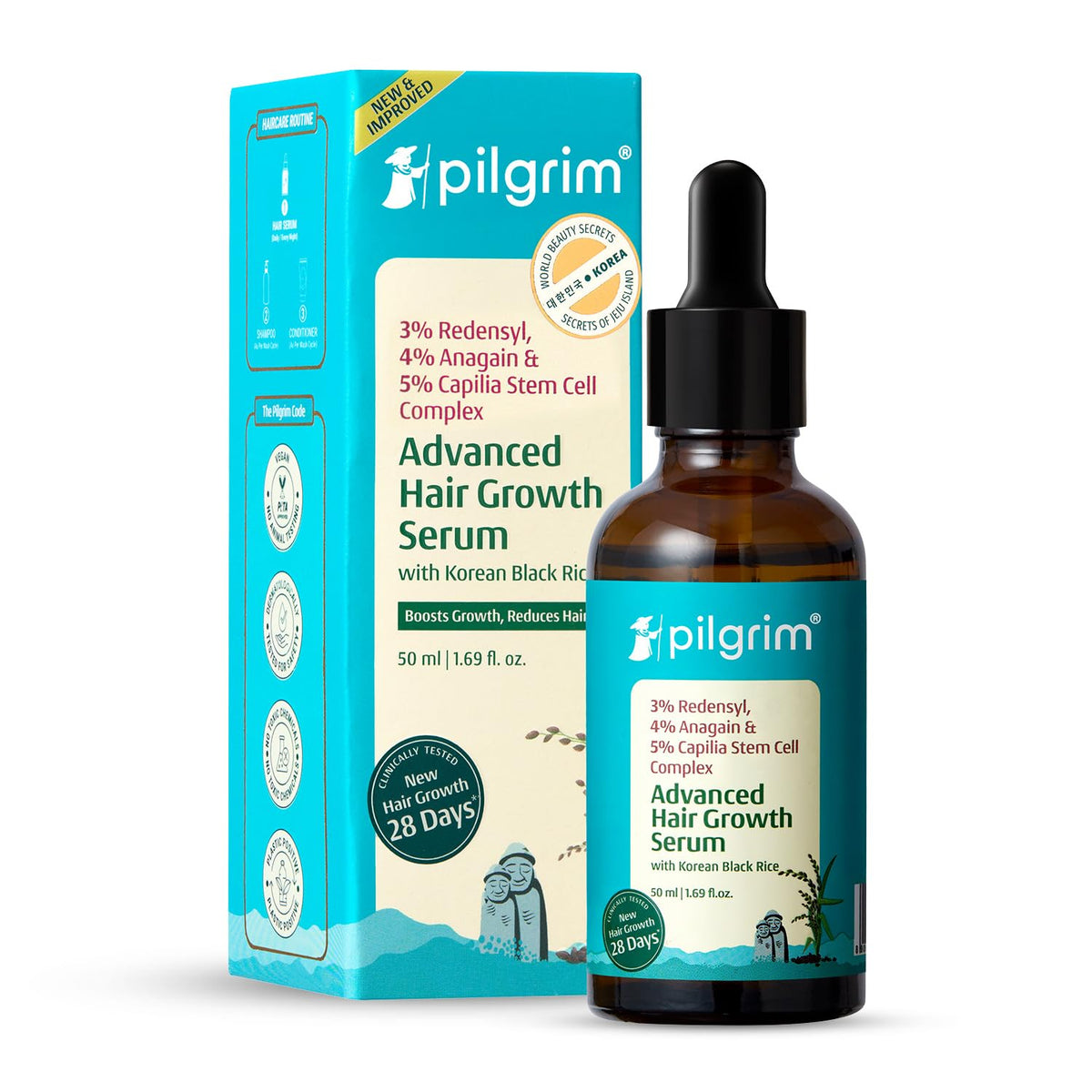Pilgrim Hair Growth Serum bottle showing premium formula for daily scalp nourishment and lightweight feel