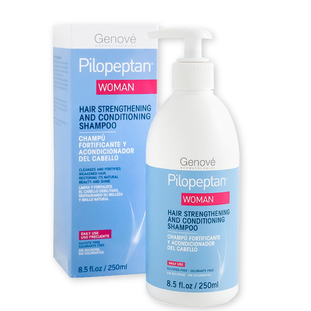 Pilopeptan Woman Shampoo bottle pouring for easy cleansing.