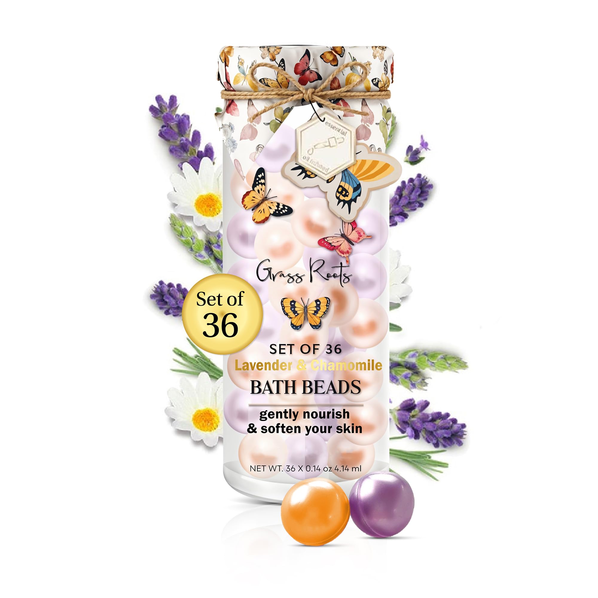 Pink Sky Grass Roots Bath Oil Beads front view with lavender aroma for daily relaxation