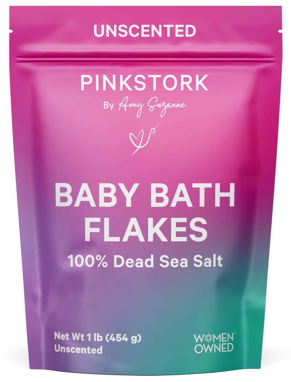 Pink Stork Baby Bath Flakes bottle-front view highlights fragrance-free formulation for calm bedtime