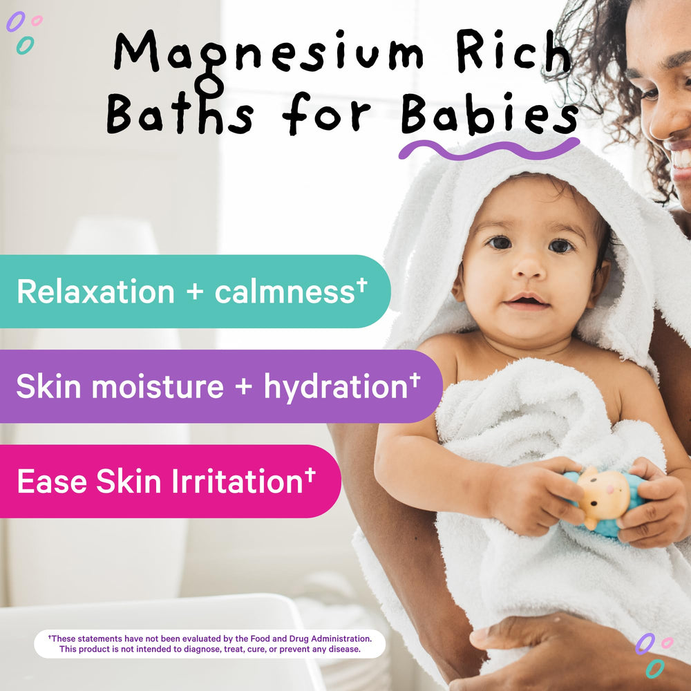 Pink Stork Baby Bath Flakes bottle-side shows simple, ingredient-pure magnesium chloride for babies