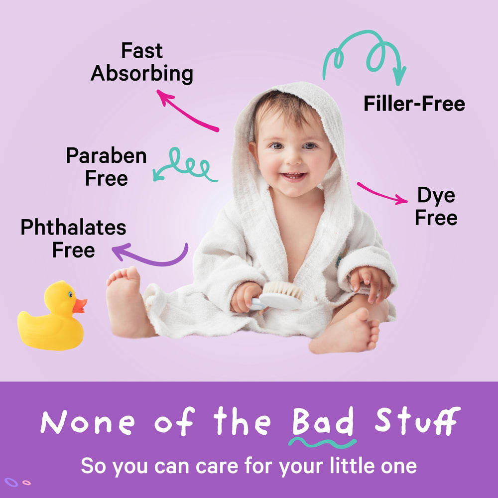 Pink Stork Baby Bath Flakes in bathwater showcases skin-softening and soothing sensations