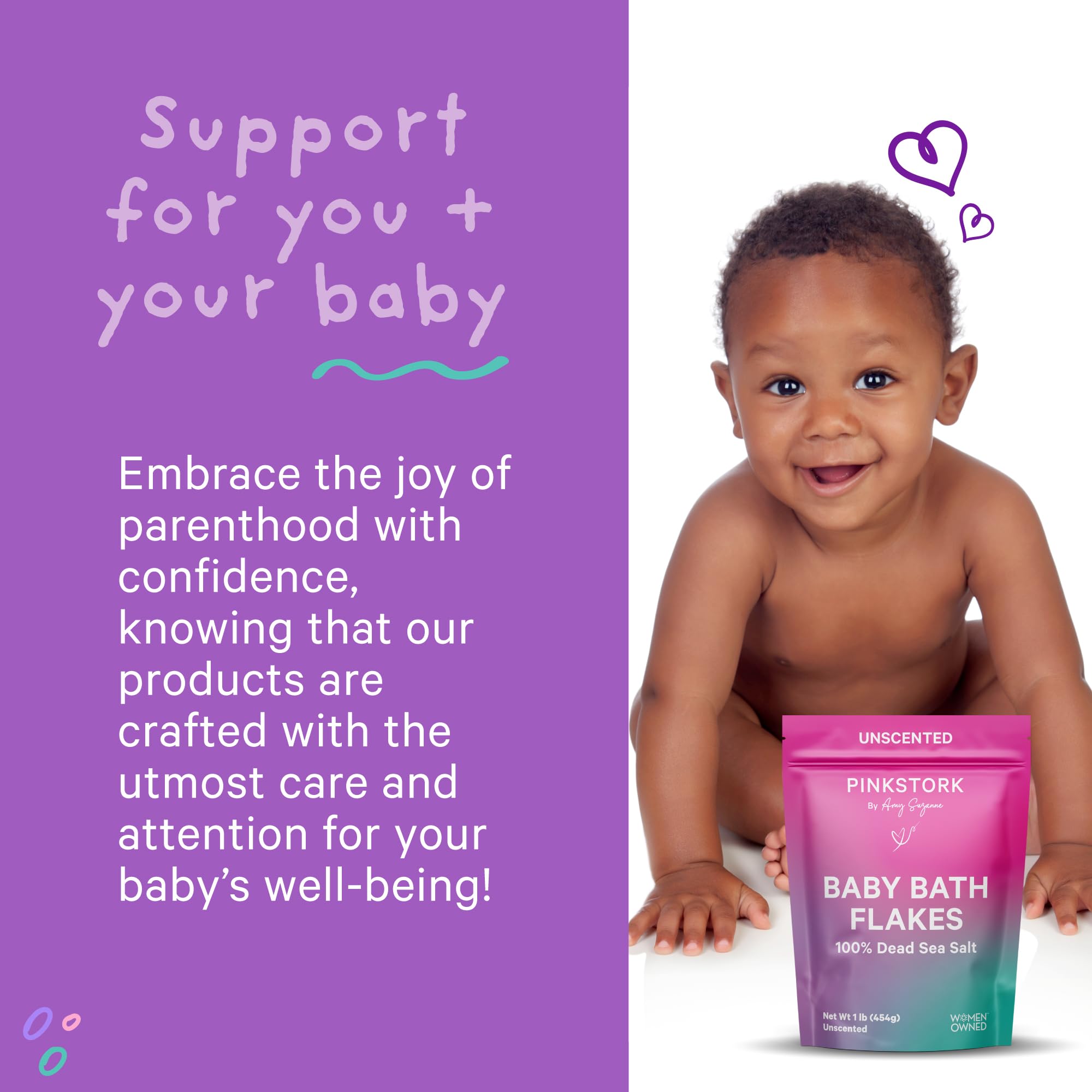 Pink Stork Baby Bath Flakes magnesium-chloride closeup highlights Dead Sea mineral source